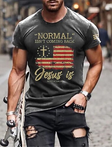  Heren T-Shirt Christelijk Geloof 'Normaal Komt Niet Terug Jezus Komt' Openbaring 14 Patriottische Korte Mouw Graphic Tee