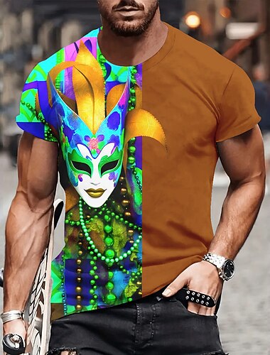  Voor heren Grafisch Veren Masker Mardi gras Korte mouw T-shirt 3D-afdrukken Strakke ronde hals Overhemd Modieus Artistiek Abstract Feest Casual Feestdagen Paars Goud Groen Zomer Kleding Normaal S M L