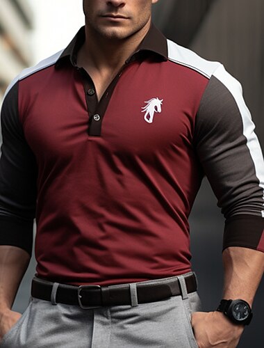  Voor heren POLO Shirt Polo's met knopen Casual Sport Revers Lange mouw Modieus Basic Kleurenblok Lapwerk Geborduurd Lente & Herfst Normale pasvorm Rood POLO Shirt