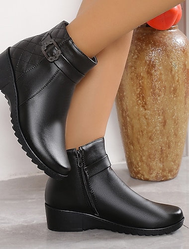  Women's Boots Platform Boots Plus Size Winter Boots Outdoor Daily Fleece Lined Booties Ankle Boots Zipper Wedge Heel Round Toe Casual Comfort Minimalism Faux Leather Zipper Black