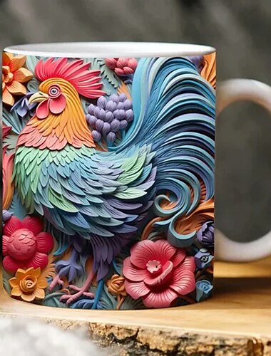 Taza de flores de pollo 3d, diseño de taza de 11 oz, sublimación de taza de granja 3d, envoltura de taza de pollo, taza floral de gallo