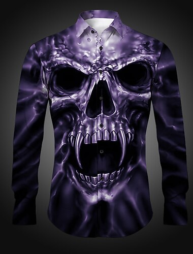  חולצת טי גברים עם שלד חולצת כפתור עם שרוול ארוך קזואל גותי יומי יוצאים אביב וקיץ כפתור מונח הדפסה צהוב סגול חאקי אפור