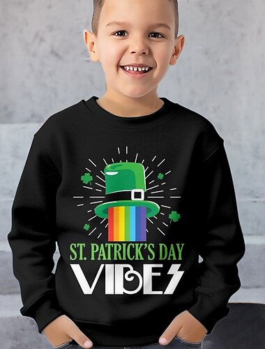  St. Patrick Jungen 3D Katze Vierblättriges Kleeblatt Pullover Langarm 3D-Druck Frühling Herbst Modisch Strassenmode Cool Polyester kinderkleidung 3-12 Jahre Rundhalsausschnitt Outdoor Casual Täglich