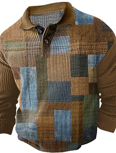  Herren Karomuster Waffel-Poloshirts Golfshirt Langarm Polo-Shirts Hemden mit Kragen Vintage Lässig Urlaubskleidung Formelle Kleidung Festivalkleidung Knöpfe 3D-Druck Herbst Winter Schwarz Gelb Braun
