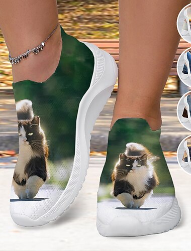  Dame Treningssko Slip-Ons Sko med trykk Trykk sko Store størrelser utendørs Daglig Katt 3D Flat hæl Mote Fritid Flying Weaving Gul Rød Blå