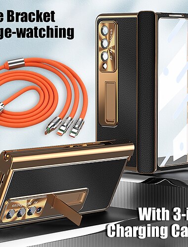  Handyhülle + 3-in-1-Multi-Schnellladekabel für Samsung Galaxy Z Fold 5 Z Fold 4 Z Fold 3 5G-Beschichtung, magnetischer Ständer, Stifthalter (ohne Stift), Carbonfaser-Displayschutz, Stoßstangenrahmen, PU-Leder