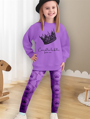  Mädchen 3D Krone Set aus Sweatshirt und Leggings Rosa Langarm 3D-Druck Frühling Herbst Aktiv Modisch Täglich kinderkleidung 3-12 Jahre Rundhalsausschnitt Outdoor Urlaub Verabredung Regular Fit