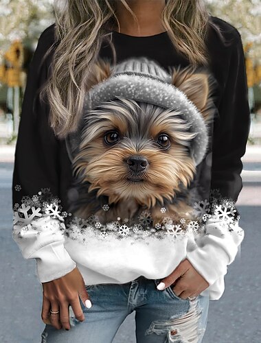  Damen Sweatshirt Pullover Hund Casual Sports Active Sportswear Rundhals Langarmshirt Mikroelastisch Herbst&amp;Winterkomfort, atmungsaktives, weiches Gewebe