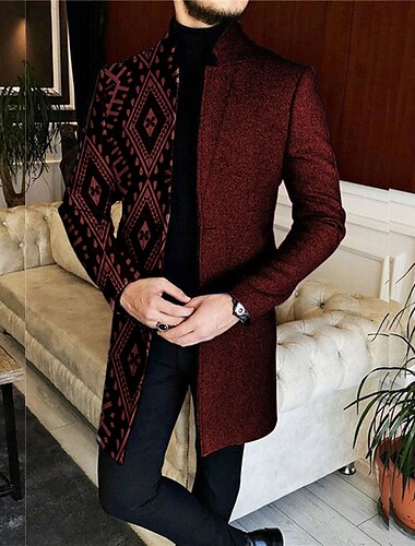  Herren Geometrie Wintermantel Mantel warm halten Atmungsaktiv Komfortabel Vintage Geschäftlich Arbeit Tragen Sie, um zu arbeiten Ausgehen Tasche Bedruckt Herbst Winter Ständer Langarm Schwarz Rote