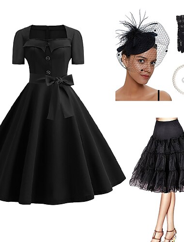  Conjunto con vestido de línea A, enagua debajo de la falda, tocado, sombrero, guantes de encaje, pendientes, collar, vestido de cóctel de los años 50, vestido de fiesta vintage, vestido acampanado,