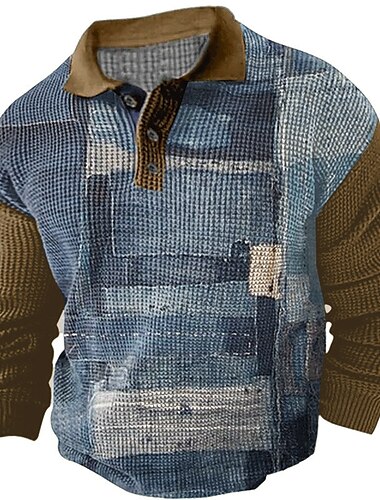  Herren Karomuster Waffel-Poloshirts Golfshirt Langarm Polo-Shirts Hemden mit Kragen Vintage Lässig Urlaubskleidung Formelle Kleidung Festivalkleidung Knöpfe 3D-Druck Herbst Winter Schwarz Blau Braun