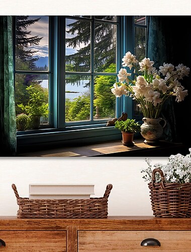  لوحة فنية جدارية من القماش على شكل نافذة زائفة لغابات الربيع وملصقات وصور لوحات قماشية مزخرفة لغرفة المعيشة بدون إطار