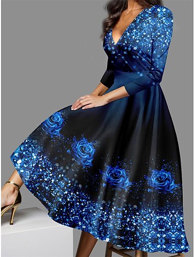  Valentinstag Damen Midi Kleid Freizeitkleid Winter Kleid Swing Kleid Semi-Formal Kleid Streetwear A-Linien Formal Urlaub Party Reguläre Passform Floral 3/4 Länge Ärmel V-Ausschnitt Gelb Rot Blau Lila