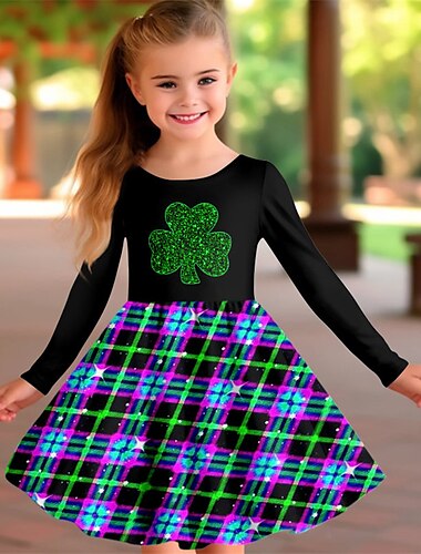  st. Patrick Mädchen 3D-Kleid Langarm 3D-Druck Frühling Herbst Sport & Outdoor, Alltag, Urlaub, süß, lässig, schön, für Kinder von 3–12 Jahren, lässiges Kleid, A-Linien-Kleid, oberhalb des Knies,