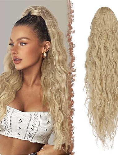  extensions de queue de cheval longues et bouclées avec cordon de serrage, postiches synthétiques ondulées à clip, queue de cheval avec cordon de serrage, extension de queue de cheval pour femme blond