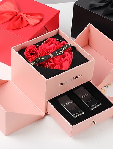  Geschenke zum Frauentag, Valentinstag-Schmuckschatulle mit ewiger Blume, doppelschichtige Rosen-Geschenkbox, Lippenstift-Halsketten-Ring-Ohrring-Schmuckschatulle, Valentinstag-Geschenkbox,