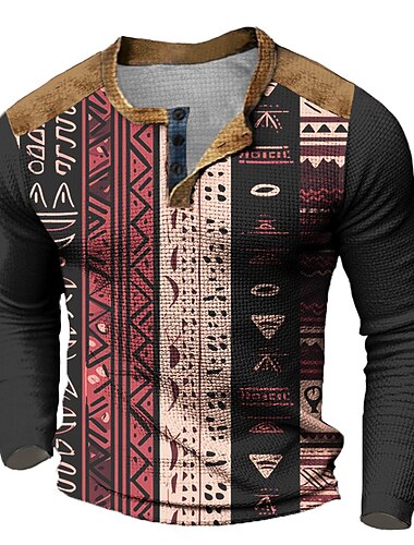  Herren Graphic Stammes Henley Shirt Waffel-T-Shirt Langarm 3D-Druck Designer Brautkleider schlicht Vintage-Retro Sports Outdoor Festtage Festival Frühling & Herbst Blau Rot Grün Khaki Grau Henley