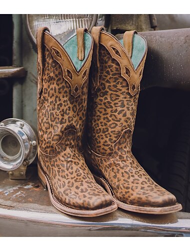  Damen Stiefel Cowboy Westernstiefel Übergrössen Outdoor Arbeit Täglich Leopard Kniehohe Stiefel Stickerei Blockabsatz Quadratischer Zeh Elegant Modisch Klassisch PU Halbschuhe Leopard