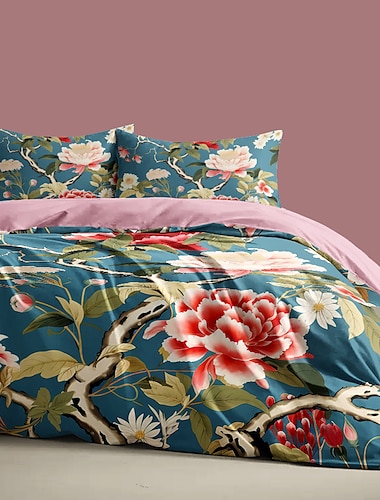  l.t.home Bettbezug-Set aus 100 % Baumwollsatin, wendbar, Premium-Bettwäsche-Set mit Blumenmuster und Fadenzahl 300