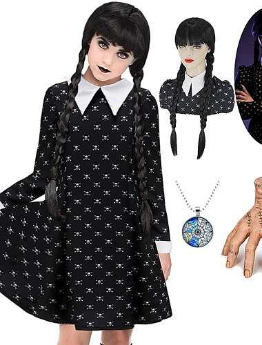  set met woensdag jurk staartjes pruik ding ketting 4 stuks woensdag familie cosplay kostuum voor meisjes vrouwen kinderen volwassenen goth gothic punk Addams familie film maskerade carnaval