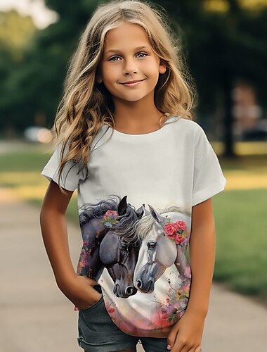  Mädchen 3D Pferd T-Shirt Hemden Kurzarm 3D-Druck Sommer Aktiv Modisch Kuschelig kinderkleidung 3-12 Jahre Rundhalsausschnitt Outdoor Casual Täglich Regular Fit