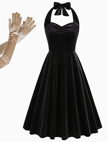  Retro Vintage 1950er Midlänge Swing-Kleid Ausgestelltes Kleid Ärmellos Neckholder Damen Maskerade Alltagstauglich Party / Cocktail Junggesellinnenabschiedsparty Erwachsene Kleid Handschuhe