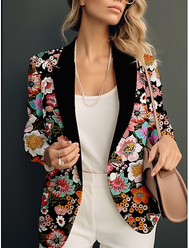  Women's Blazer Office Print Flower Breathable Fashion Regular Fit Outerwear Long Sleeve Spring Black S