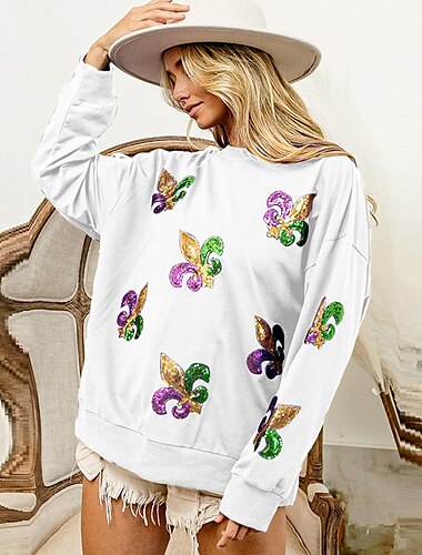  Mardi Gras Bluse für Damen, schwarz, weiß, lila, grafische Pailletten, Party, lässig, aktiv, Sportbekleidung, Rundhalsausschnitt, normale Passform, Karnevalsthema
