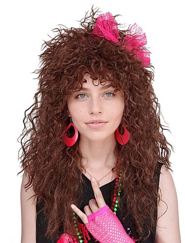  Synthetische Perucque Krullend met Bangs Machine gemaakte Perucque Lange A1 Synthetisch Haar Vrouwen Cosplay Zachte Feest Donkerbruin Halloween Perucques