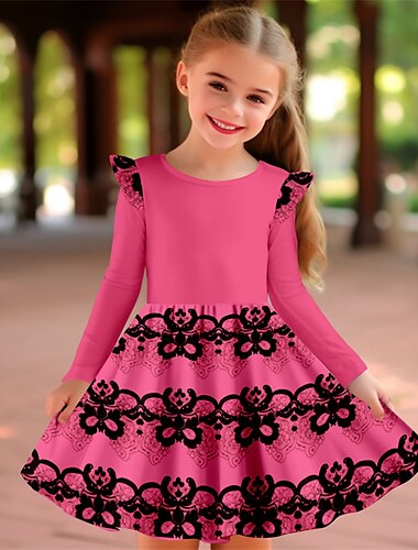 Karnival Mädchen' 3D Blumen Rüschenkleid Rosa Langarm 3D-Druck Frühling Herbst Urlaub Sport & Natur Täglich Kuschelig Brautkleider schlicht Schön kinderkleidung 3-12 Jahre Casual kleid A Linie Kleid