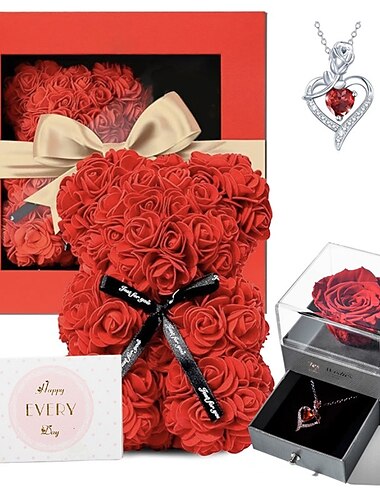  cadeaux pour la fête des femmes boîte à bijoux de fleur éternelle de la Saint-Valentin ensemble d'ours rouge collier rose boîte-cadeau cadeau d'anniversaire décoration créative Saint-Valentin cadeaux