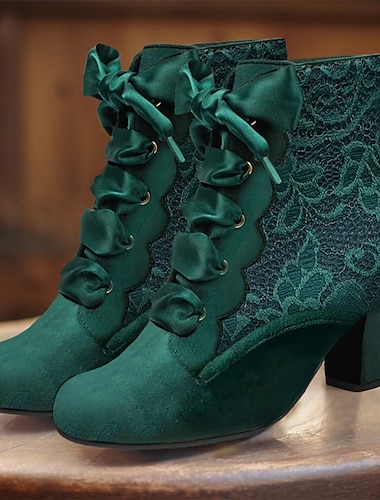  Mulheres Botas Tamanhos Grandes Botas de salto Festa Ao ar livre Dia Dos Namorados Botas Botas Tornozelo Renda Salto Sabrina Ponta Redonda Elegante Vintage Moda Renda Com Cadarço Preto Vermelho Verde