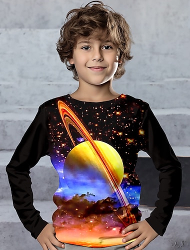  Para Meninos 3D Galáxia Camiseta Camisas Manga Longa Impressão 3D Primavera Outono Esportes Moda Roupa de rua Infantil 3-12 anos Gola Redonda Ao ar livre Casual Diário Normal
