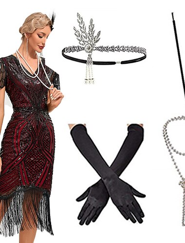  σετ με flapper φόρεμα headband faux μαργαριτάρι κολιέ μακρύ γάντια όπερας τσιγαροθήκη 5 τμχ ρούχα γυναικείο βρυχηθμό φόρεμα κοκτέιλ δεκαετίας του 20 1920 το υπέροχο gatsby flapper κορίτσι μασκέ