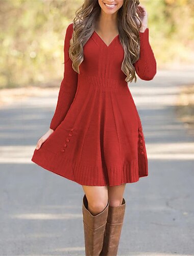  Damen-Pulloverkleid, Winterkleid, schwarzes Kleid, schwarz, rot, braun, langärmelig, reine Farbe, gestrickt, Winter, Herbst, V-Ausschnitt, stilvoll, modern, 2023, S, M, L, XL, 2XL