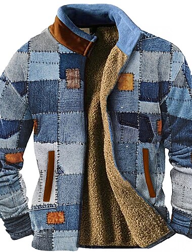  Herr Grafisk Lappverk Tröjor Dragkedja med dragkedja Fleece-jacka Ytterkläder Långärmad Tröja Hög krage Dagligen Ledigt Vintage retro Semester Helgdag Utekväll Fleece Vinter