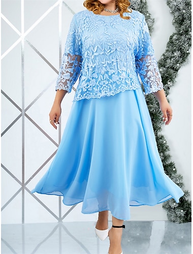  Damen Übergröße Kurve abendkleider Winter Kleid Spitzenkleid Feste Farbe kleid lang 3/4 Ärmel Spitze Rüschen Rundhalsausschnitt Elegant Party Rosa Blau Sommer Frühling L XL 2XL 3XL 4XL