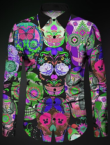  Herren Totenkopf Motiv Geometrische Muster Hemd Knopfhemd Langarm Abstrakt Gothic Karnival Freizeitskleidung Ausgehen Herbst Winter Umlegekragen Bedruckt Button-Down Rote Blau Purpur Grün Hell Gray