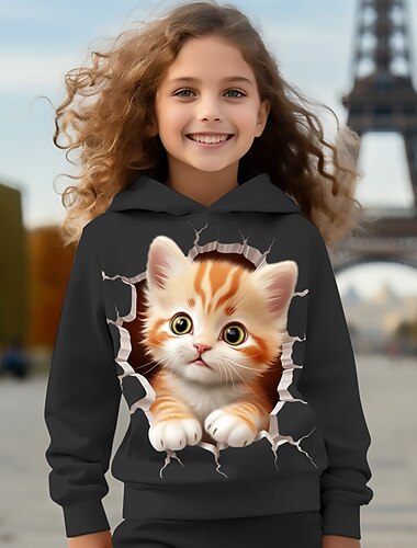  Fille 3D Bande dessinée Chat Sweat à capuche Pullover Rose manche longue 3D effet Printemps Automne Actif Mode Le style mignon Enfants 3-12 ans Capuche Extérieur Casual du quotidien Standard