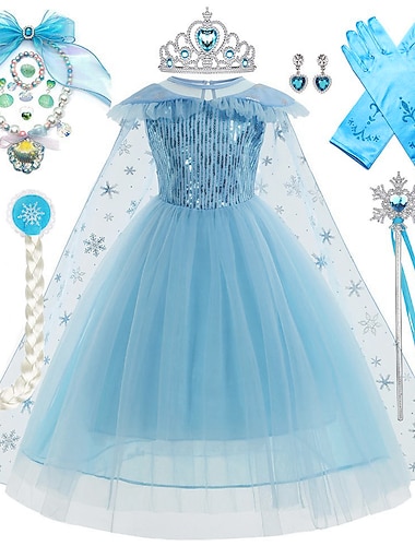  La Reine des Neiges Conte de Fée Princesse Elsa Reine des Neiges Robe de demoiselle d'honneur Costume de soirée à thème Robes en tulle Fille Cosplay de Film Cosplay Halloween Bleu Bleu (avec