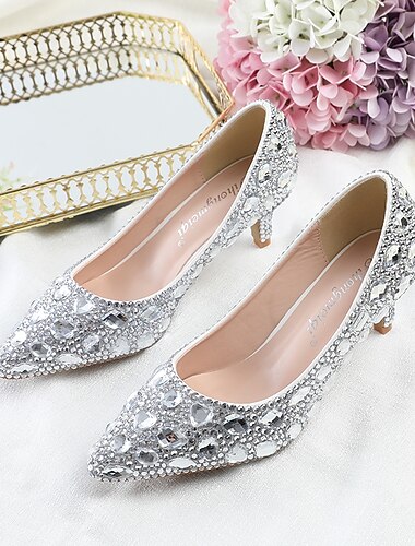  Zapatos de tacón de aguja con punta puntiaguda y diamantes de imitación plateados para mujer: elegantes tacones bajos para bodas y fiestas de noche