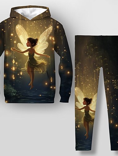  Da ragazza 3D FATA Set con cappuccio e leggings Manica lunga Stampa 3D Autunno Inverno Attivo Di tendenza Giornaliero Bambino 3-12 anni Con cappuccio Esterno Da mare Appuntamento Standard