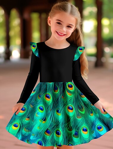  Mädchen' 3D Feder Rüschenkleid Langarm 3D-Druck Herbst Winter Sport & Natur Täglich Festtage Kuschelig Brautkleider schlicht Schön kinderkleidung 3-12 Jahre Casual kleid A Linie Kleid Übers Knie