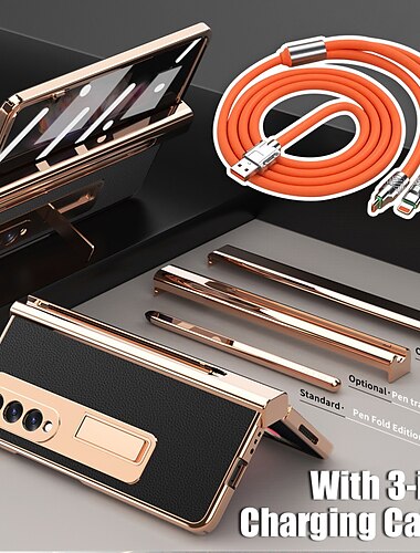  Handyhülle + 3-in-1-Multi-Schnellladekabel für Samsung Galaxy Z Fold 5 Z Fold 4 Z Fold 3 Z Fold 2 Stoßstangenrahmen vier Ecken Fallschutz Ständer PC PU-Leder
