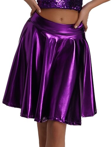  Retro Vintage 1980er Glänzend Metallisch Rock Disco Plissiert Einfarbig Damen Karneval Leistung Abschlussball Club Erwachsene Rock