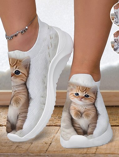  Mulheres Tênis Slip-Ons Imprimir sapatos Sapatos Flyknit Sapatos Confortáveis Ao ar livre Diário Gato 3D Sem Salto Moda Casual Tecelagem voadora Branco Amarelo Rosa claro