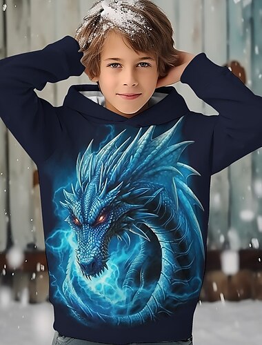  Мальчики 3D Дракон Толстовка Pullover Длинный рукав 3D печать Весна Осень Мода Уличный стиль Круто Дети 3-12 лет Капюшон на открытом воздухе Повседневные Стандартный