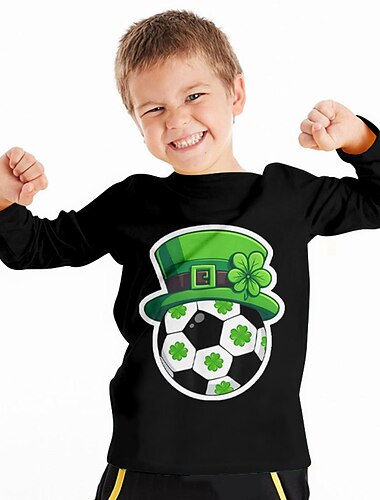  St. Patrick Jungen 3D Vierblättriges Kleeblatt Fußball T-Shirt Hemd Langarm 3D-Druck Frühling Herbst Sport Modisch Strassenmode Polyester kinderkleidung 3-12 Jahre Rundhalsausschnitt Outdoor Casual