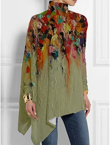  Vrouwen T-shirt Mode Bloemenprint Asymmetrische Zoom Lange Mouwen Lange Tops Hoge Hals Casual Vakantie Blauw Groen Grijs Lente  Herfst