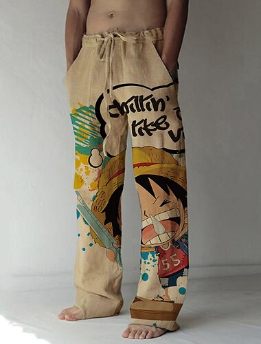  One Piece קוף ד 'לופי מכנסי פשתן מכנסיים ישרים מכנסיים רחבים אנימה 3D עיצוב שרוך אלסטי כיס קדמי עבור בגדי ריקוד גברים מבוגרים נשף מסכות בחזרה לבית הספר הדפסת תלת מימד יוגה יומי
